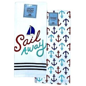 Sail Away Kitchen Towel Embellished Set Coastal Nautical Cotton Set 18 x 28 in